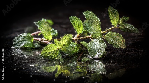 Fresh Green Mint Sprig Sparkling with Water Droplets on Dark Reflective Surface in Dramatic Lighting