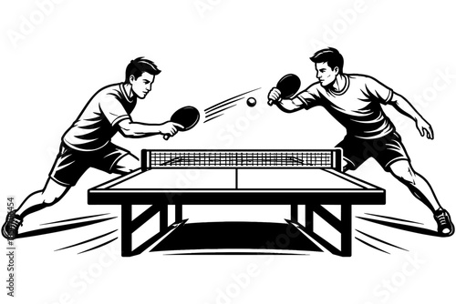Two men playing table tennis, one serving the ball over the net in a dynamic match