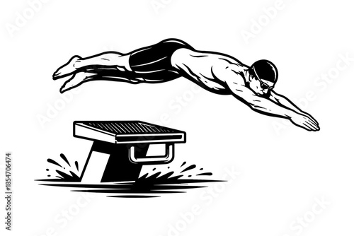 Swimmer dives into water from starting block, dynamic action shot