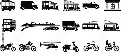 Public and private transportation vehicle silhouettes set, bus tram truck motorcycle bicycle scooter helicopter icons, urban mobility transport collection, black vector illustration design