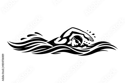 Stylized black and white illustration of a swimmer performing the freestyle stroke in water