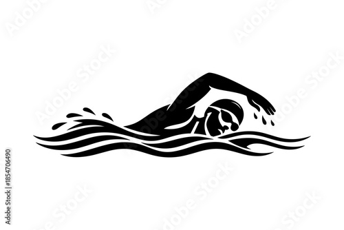 Silhouette of a swimmer performing the freestyle stroke in stylized water waves