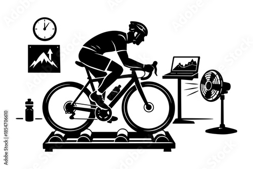 Cyclist training indoors on a stationary bike with fan and laptop displaying data