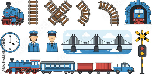Railway, transportation, icon, set, with, train, locomotive, tracks, signals, bridge, tunnel, station, clock, cargo, wagon, truck, conductor, illustration, flat, vector, design