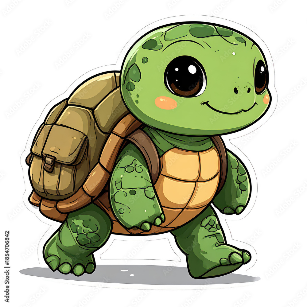 Fototapeta premium Smiling Turtle with Backpack Illustration on Black Background Ready for an Outing