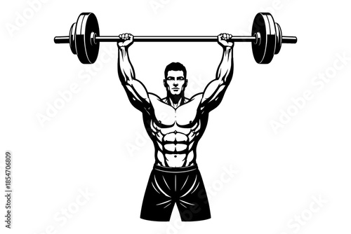 Muscular man lifting a heavy barbell overhead, showcasing strength and fitness