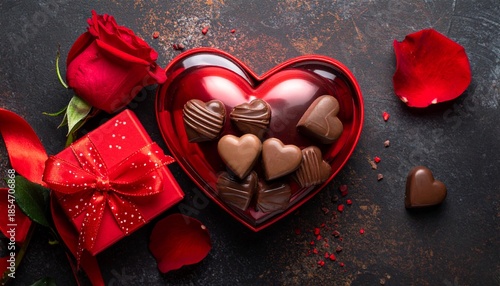 Romantic collection of gourmet heart-shaped chocolates in a special gift box, complemented by a beautiful red rose and delicate petals, symbolizing love and passion for heartfelt celebrations