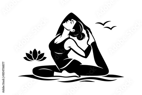 Elegant silhouette of a woman performing a yoga pose with a lotus flower and birds