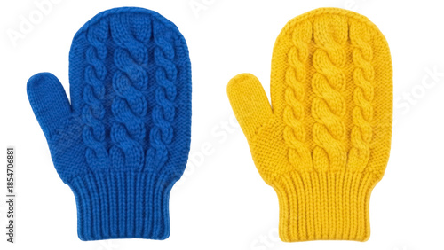 Obraz na płótnie Isolated knitted mittens, winter season hand clothing, woolen, blue and yellow c