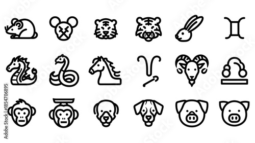 Chinese Zodiac Animals and Astrology Signs Icons Set.