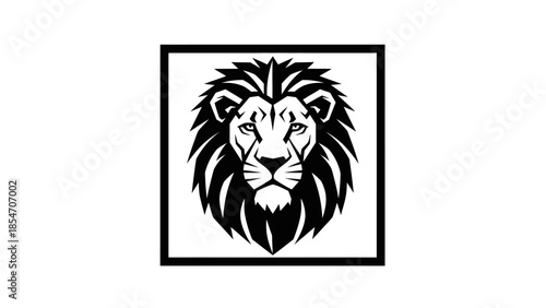 Lion head in a square frame, vector illustration for logo, emblem or badge design, black and white