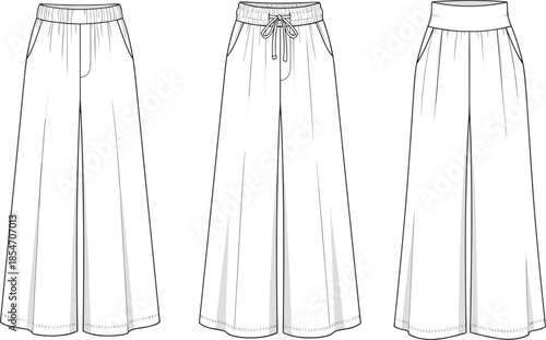 Wide leg pants technical fashion flat sketch vector illustration elastic waistband trousers apparel design template front views tailoring details for manufacturing production and patternmaking