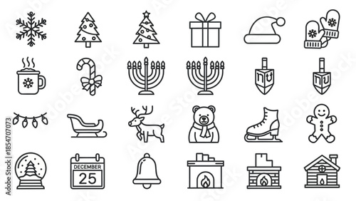 Christmas and Hanukkah Holiday Icons Set.