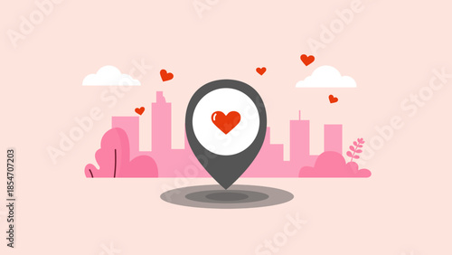 Map pin heart icon over pink city skyline background