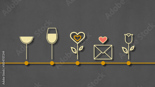 Set of romantic symbols including wine, heart, and rose on gray background