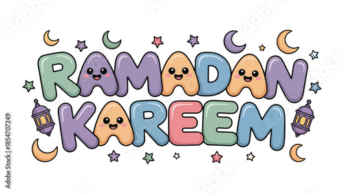 Ramadan Kareem Illustration: Festive and colorful illustration with the text Ramadan Kareem, capturing the spirit of celebration, featuring stars and crescent moon elements.