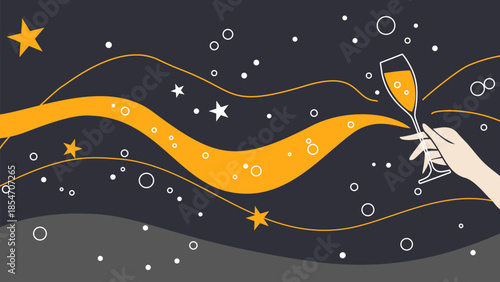 Hand holding champagne glass with golden waves and stars background
