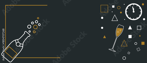 Champagne bottle popping with countdown clock and geometric shapes