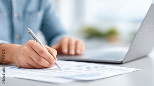 Accountant working diligently at a desk, writing notes on financial documents, with a laptop open, showcasing a professional workspace and focus on financial management