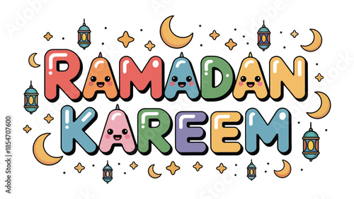 Ramadan Kareem: A festive and colorful illustration celebrating the holy month of Ramadan, with crescent moons, stars, and lanterns.