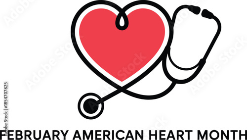 A creative black stethoscope forms a red heart symbol with February American Heart Month text