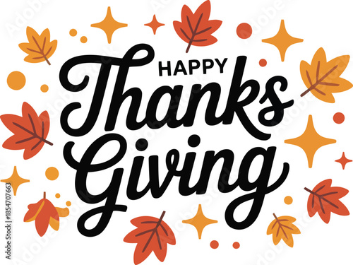 A festive Happy Thanksgiving message surrounded by colorful autumn leaves and twinkling stars