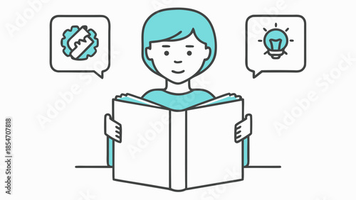 Illustration of a person reading a book with thought bubbles showing ideas and problem solving skills