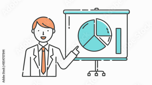 Man presenting a pie chart on a presentation board with a bar chart and wearing a suit and tie