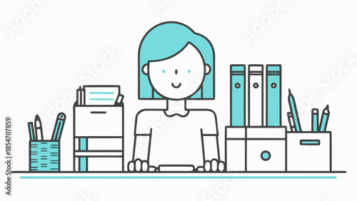 Illustration of a woman with teal hair sitting at a desk with files and office supplies in containers