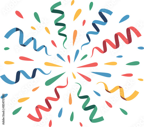A vibrant burst of colorful confetti and winding streamers explodes outwards on a bright white background
