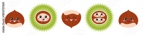 Set cute chestnut, fun cartoon character, big eyes, happy smiling face, emotions joy delight, kawaii style, icon vector illustration.