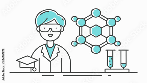 Illustration of a scientist with lab coat, molecule, test tubes and graduation cap on a table in a lab