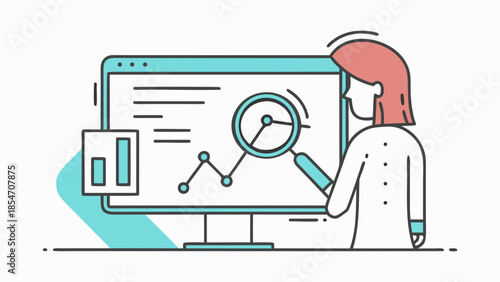 A woman analyzes a graph on a computer screen using a magnifying glass, with a bar graph nearby