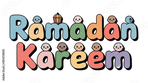 Ramadan Kareem: A vibrant and colorful design wishing a blessed Ramadan with playful illustrations. 