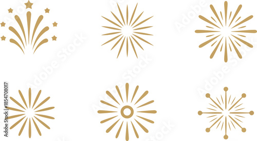 Six elegant golden burst elements resembling stylized fireworks or celebratory stars on a clean white background