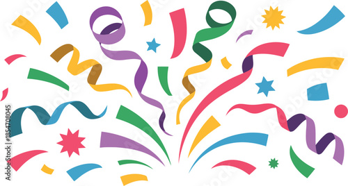 An energetic spread of vibrant colored streamers, confetti pieces, and star shapes creates a festive party mood