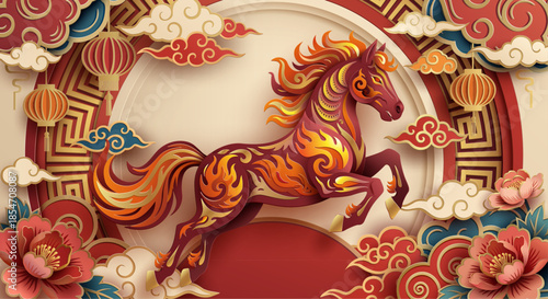 Chinese New Year of the Horse 2026. Paper cut art vector illustration of galloping horse with peony, lantern and clouds.