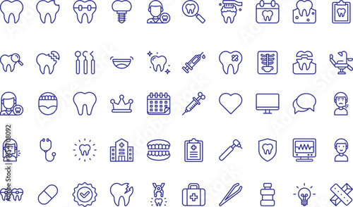 Dental care set, 40 line icons, blue outline style
