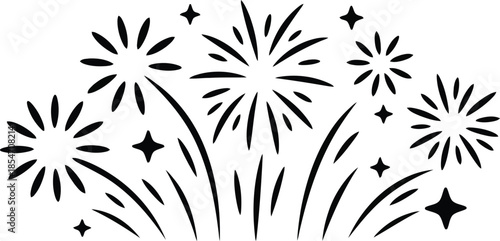 Black outline fireworks bursts with solid rays and stars celebrate a joyful event