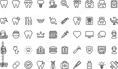 Dental care set, 40 line icons, black outline style
