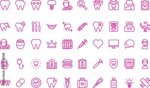 Dental care set, 40 line icons, pink outline style
