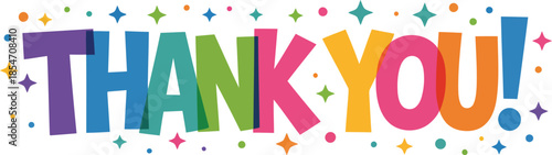Colorful layered Thank You message with a cheerful exclamation mark and scattered stars