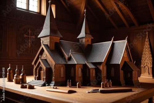 Detailliertes Modell einer historischen Holzkirche im Innenraum