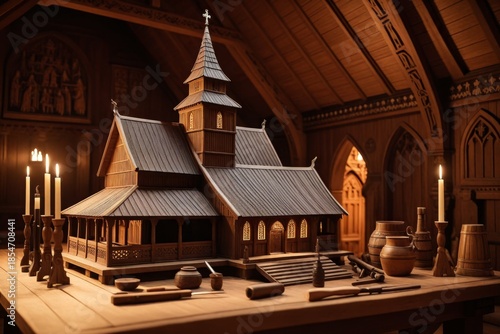 Detailliertes Modell einer historischen Holzkirche im Innenraum