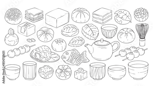 Japanese Sweets and Tea Set Line Art Keywords: Japanese, sweets, wagashi, mochi, taiyaki, dango