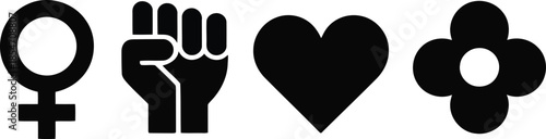 Four distinct black symbols highlighting female empowerment love and an organic flower form