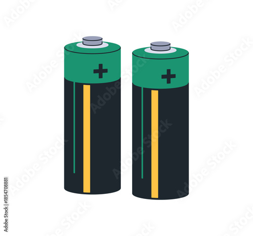Battery icon, cylindrical alkaline power cell with plus and minus symbols, energy supply, rechargeable battery, electrical energy source, portable power supply object flat vector illustration.
