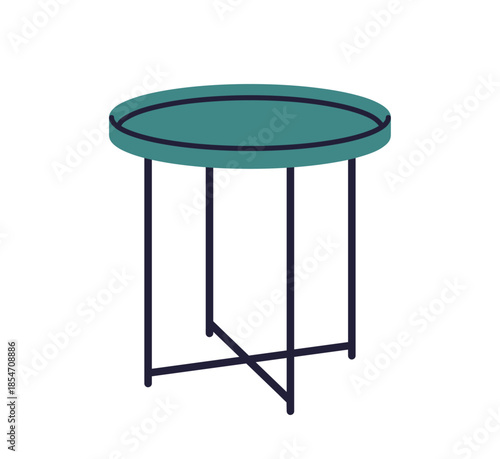 Modern side table furniture, tray tabletop, minimalist metal stand, scandinavian style small coffee table, contemporary home decor element, trendy interior furniture design flat vector illustration.