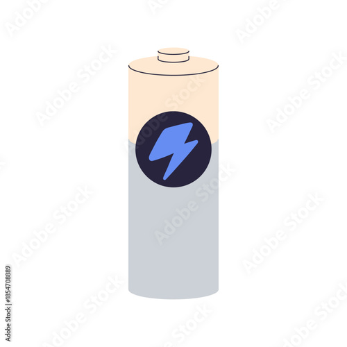 Battery icon, cylindrical alkaline power cell with plus and minus symbols, energy supply, rechargeable battery, electrical energy source, portable power supply object flat vector illustration.
