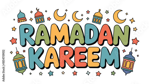 Ramadan Kareem Illustration: Colorful illustration celebrating the holy month of Ramadan. Featuring festive lanterns and crescent moons, perfect for conveying the spirit of the occasion.